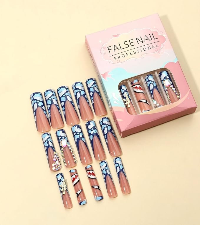Press on Nails Square - Extra Long Fake Nails with 3D Rhinestones and Bows, Blue French Tips False Nail with Glue Sticker, Stick On Nails for Women, 12 Sizes - 24 Nail Kit, Arctic Gleam