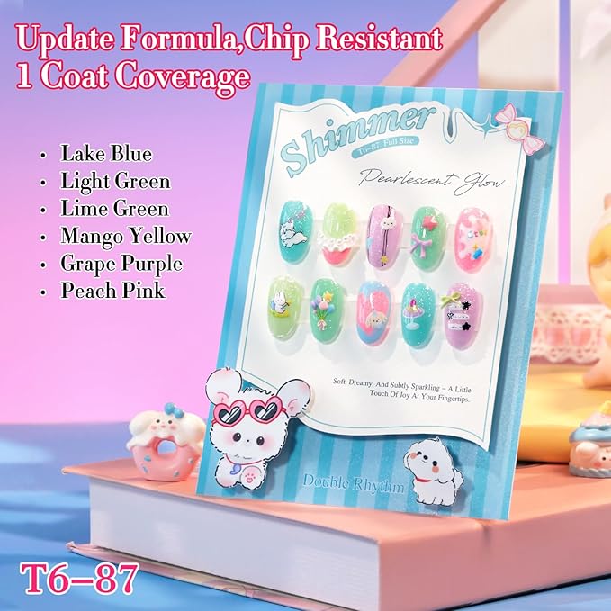 Double Rhythm 6 Pcs 15 ML Glitter Gel Polish Set Same Color Same Bottle Soak Off Gel Polish Kit Nail Art Manicure Salon DIY at Home (Shimmer Pink Green Blue Purple Orange Yellow-T6-87)