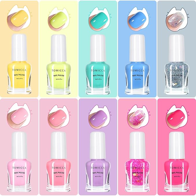 TOMICCA Kids Nail Polish Set, Non Toxic Quick Dry Water-Based Peel-Off 10 Colors Toddler Nail Polish Kit Natural Safe Quick Diy Kids Gifts Kit for Girls Ages 5+