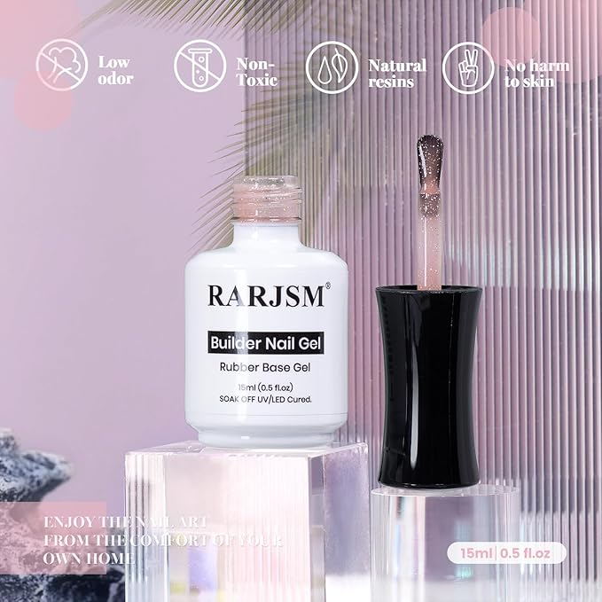 RARJSM Nude Light Pink Rainbow Glitter Rubber Base Coat Gel Nail Polish Natural Skin Tone Iridescent Shimmer Brush on Extend Jelly Gelpolish Soak Off Curing Requires 15ml Salon Home French Manicure