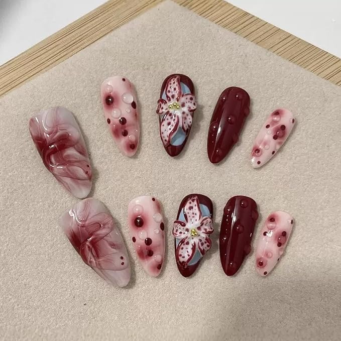 Handmade Press on Nails Medium Almond Fake Nails with Glue,Tropical Flower Nails with 3D Lines Designs Wine Red Acrylic Nails Nature Stick on Nail False Nails for Wome (Size M)