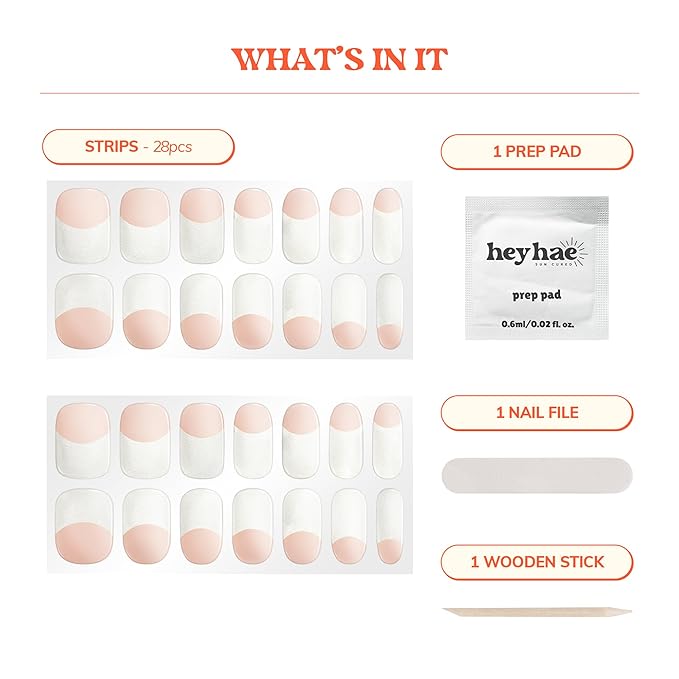 Heyhae Semi Cured Gel Nail Strips | No LED Lamp Needed | French, Pink, Spring | Easy Apply & Remove, Salon Quality | Includes 28 Strips, 1 Prep Pads, Nail File & Wooden Stick - Hey, Dinner at 6?
