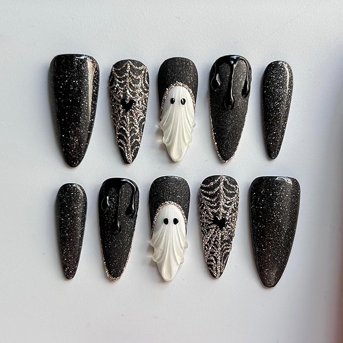 Halloween Press On Nails Handmade Long Stiletto Fake Nails, Apparition nails Sparkling Design press ons,10 Pcs Reusable Painting Fingernail Tip Salon Artificial Nails Kit (Size S）