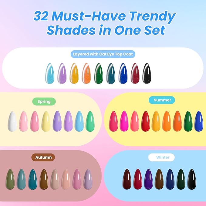 Beetles Deal Box Gel Nail Polish Kit with U V Light - 32 Colors Gel Polish Cat Eye Top Coat 68 Pcs All-In-1 Nail Kit with TPO & HEMA Free Base and Top Coat Home Salon DIY Nails Tools Gifts for Women