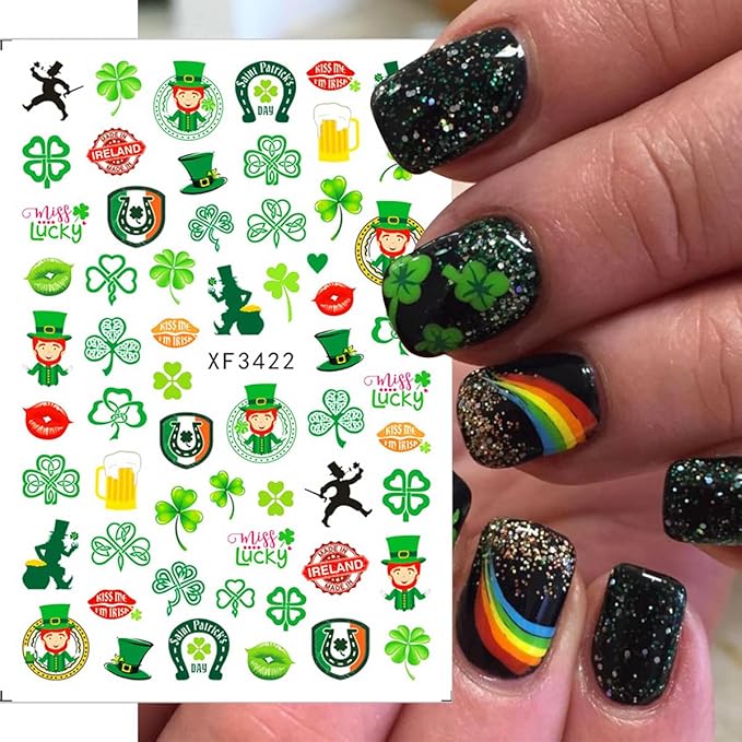 6 Sheets St. Patrick’s Day Nail Stickers 3D Self-Adhesive Green Shamrock Nail Art Stickers Clover Hat Golden Jar Coins Design Lucky Irish Nail Decals Nail Art Supplies for Women Acrylic Manicure