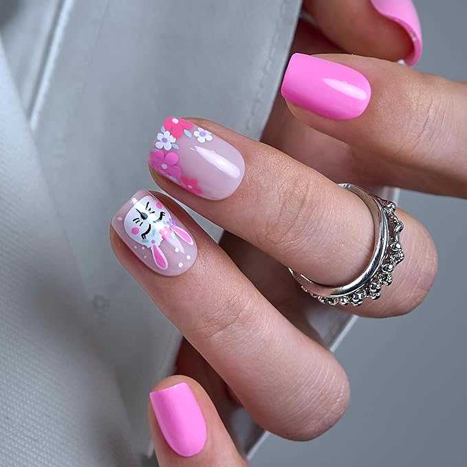 Curvlife Tip Press on Nails Acrylic Fake Nails with Design Full Cover False Nails for Women Reusable Nail Kit with Nail Glue Adhesive Tabs Nail File (rabbit, Short)