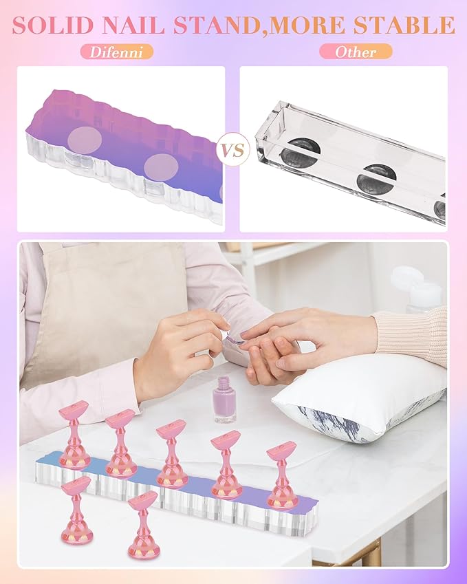 Nail Stand Acrylic Nail Art Display Stand Magnetic Nail Tips Practice Holder 54 Pcs Reusable Adhesive Putty for DIY Painting Nails Stand kit (Aurora Pink)
