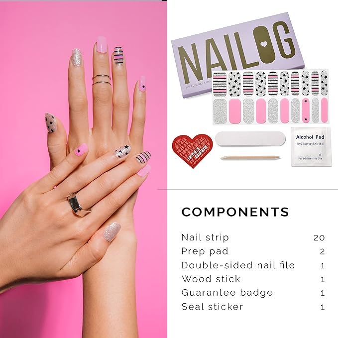 NAILOG Semi Cured Gel Nail Strips (20 Extra Long Polish Stickers/Wraps) │ Glossy & Long Lasting Soft Gel Finishing│A Rock Song