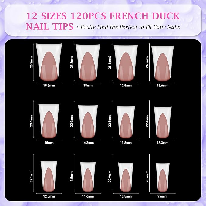 outopen 120pcs Duck Nail Tips Short Caramel Pink French Duck Tips Full Cover Fan Flare Duck Tips for Wide Press on Nail Crystal Duck Feet Nail Tips for Polygel Acrylic Extension, 12 Sizes