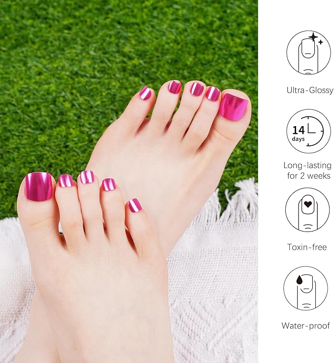 DANNI & TONI Semi Cured Gel Toenail Strips Hot Pink (Cosmic Bloom) Magenta Mirror Toe Nails Stickers Gel Pedi Wraps 37 Stickers