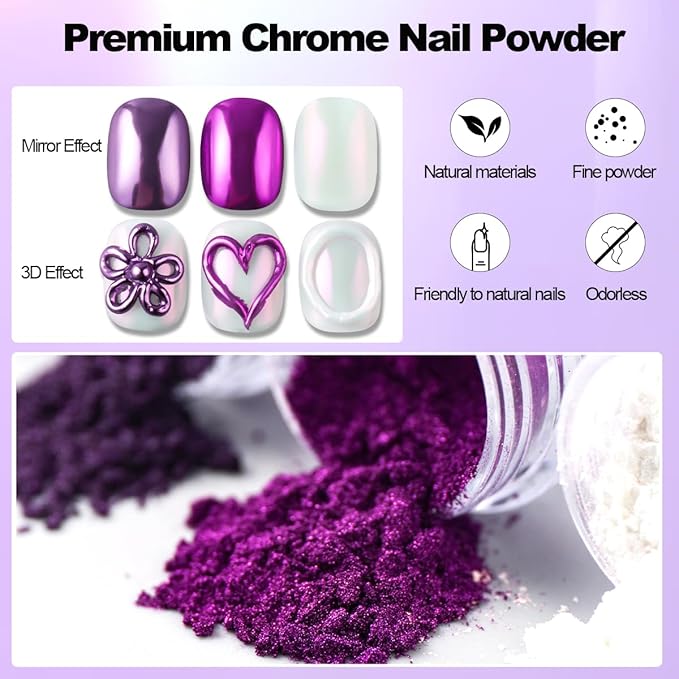 3D Nail Gel and Chrome Nail Powder Kit: 10g Sculpting Gel for Nail Art Metallic Mirror Effect Pigment Aurora Pearl Chrome Powder for Home DIY Salon Use (Purple)