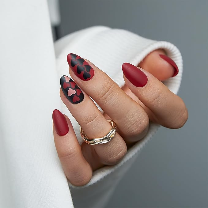 CurvLife Medium Almond Press On Nails – 30Pcs Soft Gel Dark Passion Matte Red Fake Nails, Reusable Glue On Nail Kit with Adhesive Tabs, Natural Fit & Salon-Quality for Women & Girls