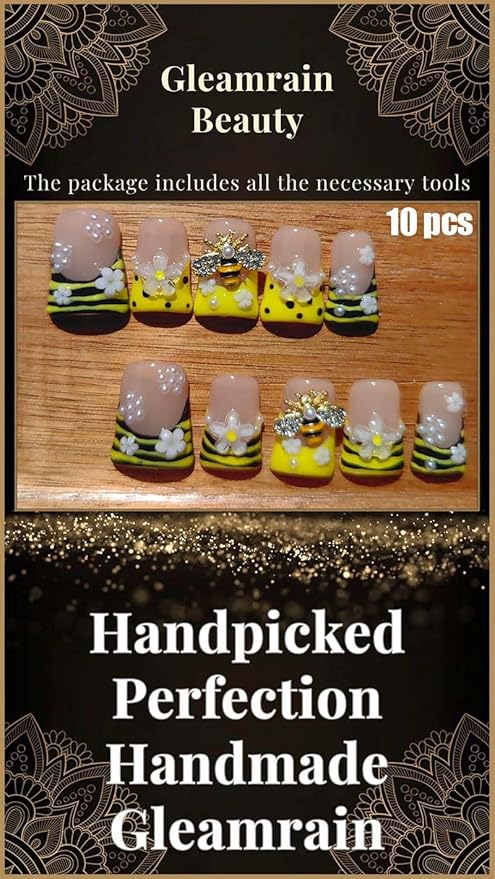 Handmade Press on Nails Duck Shape M Size/Gleamrain Luxury Medium Hand Made Hot Acrylic Glue on Nails With Rhinestones and Flower Design Duck Nail for Women and Girls 10 Pcs