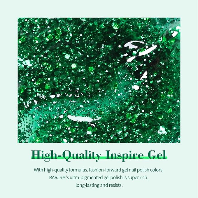 RARJSM Green Glitter Gel Nail Polish Diamond Mermaid Green Sparkly Chunky Shimmer Pigments Nail Gel Polish Soak off L e d U V Curing Required for Nail Art Salon Fall Winter Christmas Manicure 15ml
