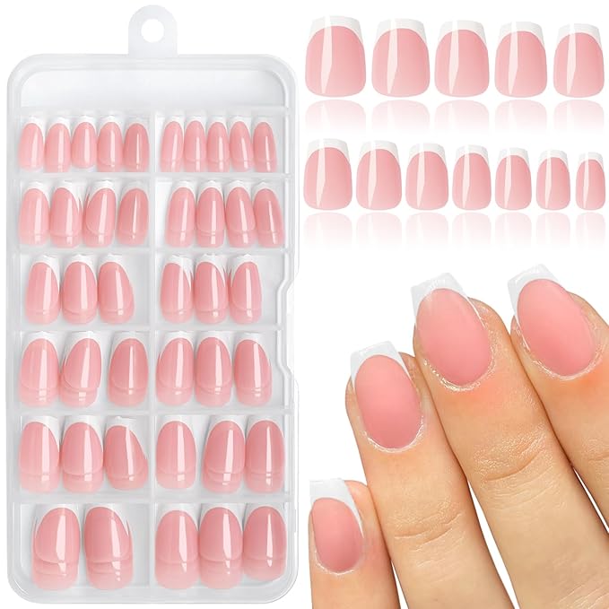 120PC White French Tip Press on Nails Short Fake Nails Press ons with 5*Adhesive Tabs, Pink Coffin Acrylic Nail Press on Nail French Tip Nails False Artificial Fingernails Stick on Nails-G