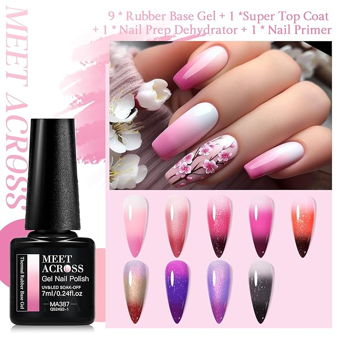 MEET ACROSS Color Changing Builder Nail Gel of 12 Temperature Shiny Changing Colors Rubber Base Gel Polish Including Pink Purple Orange Mood Changing Gel Manicure Kit for Nail Art Home DIY
