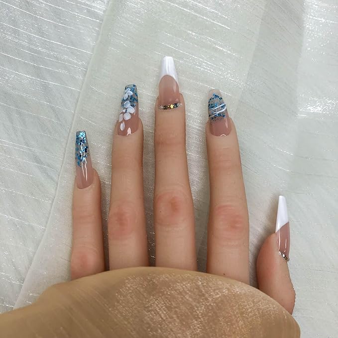 2025 100% Handmade Nails Reusable Medium Press-on Nail French Hand Painted Petals Full Coverage False Nail Set for Women (French-style Petal, Long)