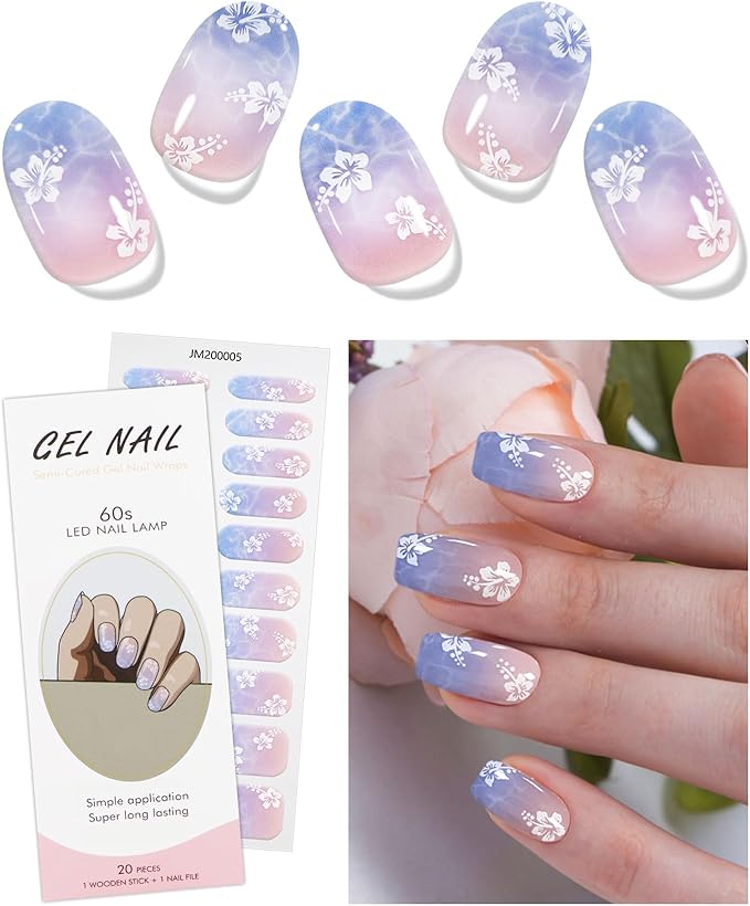 JMEOWIO Gel Nail Stickers Light Purple Pink Flower Semi Cured Gel Nail Strips Wraps UV/LED Nail Supplies Nail Art Design Decoration Accessories