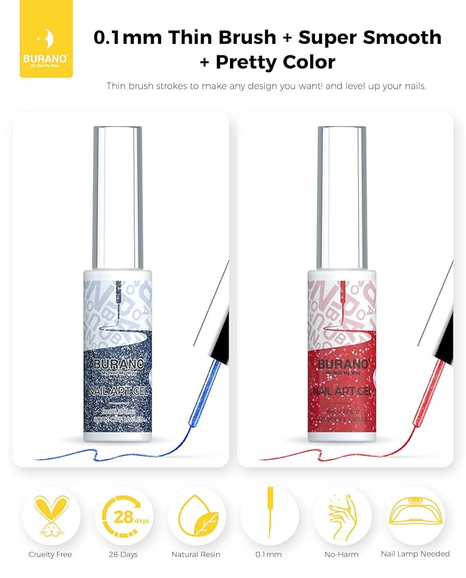 BURANO Gel Nail Polish Liner Nail Art Polish, Silver Gold Painted Gel Nail Design Polish 2 Bottle 8ml, Build in Thin Nail Brush LX22 LX31