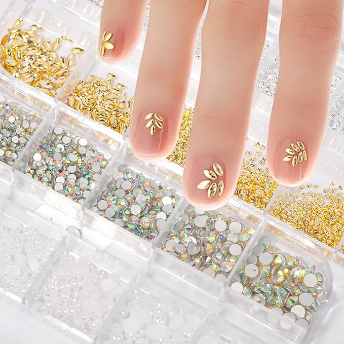 HNUIX Nail Art Charms - Metal Silver & Gold Beads, Flatback Half Round Rhinestones, Small Nail Pearls, 3D Mixed Sizes Decorations for Nails Kits