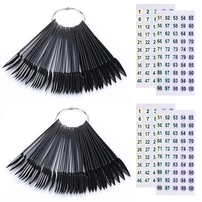 100 ps Nail Swatch Sticks with Number Stickers, Color Display Stiletto Tips, Fan-shaped Nail Practice Sticks, Color Wheel Sample (Black)