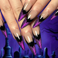 Halloween Fake Nails - Long Stiletto Press On Nails with French Tip, Bat Design, Purple Glitter, Shiny Acrylic Finish, Full Cover Glossy Stick On Nails - 24 Pcs