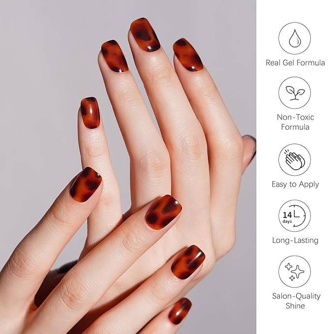 DANNI & TONI Semi Cured Gel Nail Strips Cheetah Print Gel Nail Wraps Leopard Print 28 Stickers Gift for Woman | Tortoise Glow
