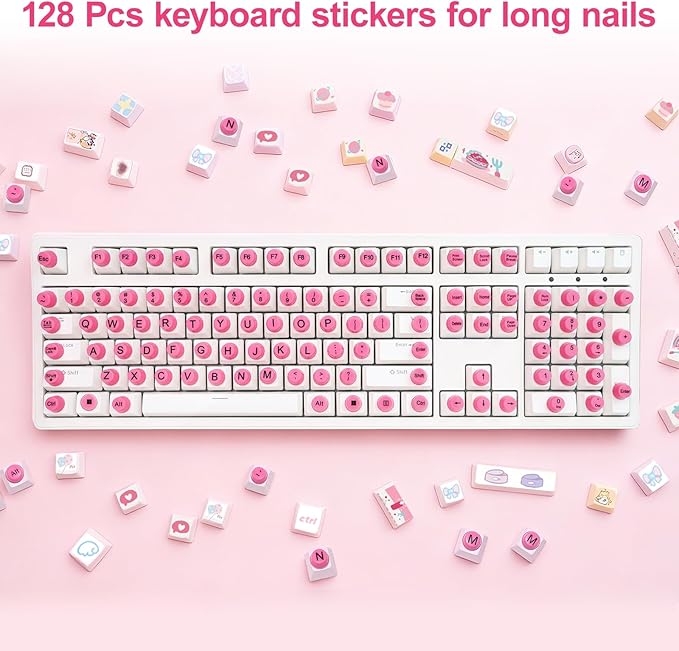 128Pcs Raised Keyboard Stickers for Long Nails with Letters, Soft Silicone Keyboard Bubbles for Women, Nail Art Typing Keycaps for Desktops (Pink, 128pcs)