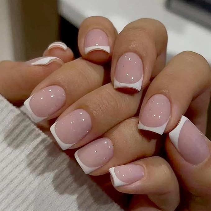 White French Tip Press on Nails Short Square Fake Nails Pink Stick on Nails Full Cover Reusable Glossy Acrylic False Nails Artificial Glue on Nails for Women Manicure 24 Pcs