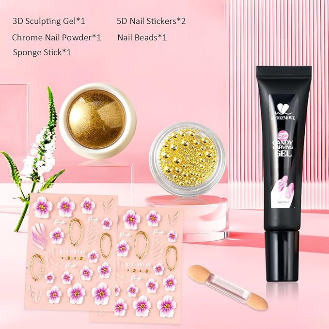 3D Gel Nail Art - 10g Sculpting Gel for Molding, Drawing, Charms & Beads Glue with Gold Chrome Nail Powder and 5D Flower Stickers for Nails Design Beginner
