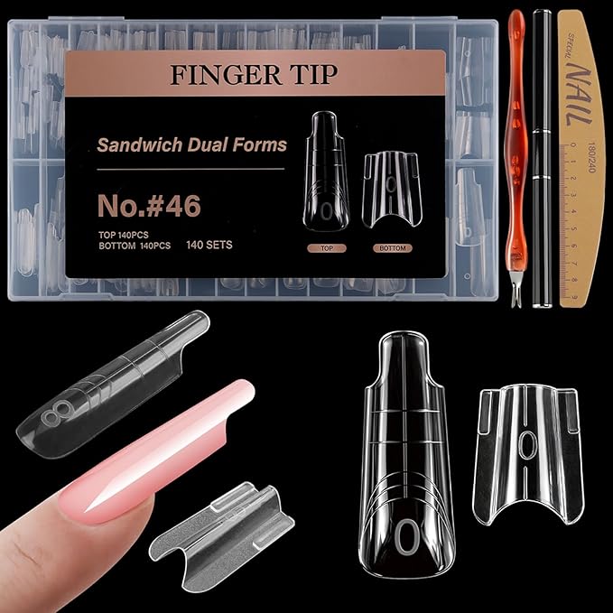 280Pcs Sandwich Nail Dual Forms for Polygel Extension Builder Gel 140 Pairs Coffin Shape Top and Bottom Plastic Nail Molds with Tools for DIY Manicure Art At Home