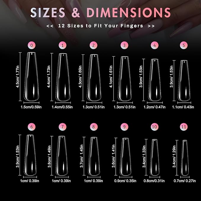 Ranrose Long Coffin Nails Tips: 240pcs XXL Acrylic Nails Clear C Curve Coffin False Nail, Full Cover Fake Nails for Nail Extension, 12 Sizes