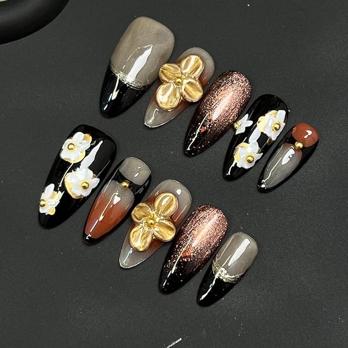 Handmade Press on Nails Medium Almond False Nails Black French Tip Stick on Nail 3D Fall Golden Flower Designs DIY Glitter Nail Art Reusable Multi-Layer Gel & Thick Acrylic Fake Nails for Women (S)