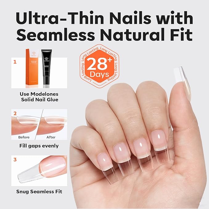 modelones Pro Luxe Instant Nail Apex Tips 15 Sizes, Medium Square Extension Gel Tips Pre-building & Pre-etched Thicker Strength Acrylic Fake Nails Full Cover 240 Pcs