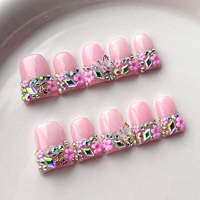 French Tip Press on Nails Handmade Short Duck 3D Floral Thick Acrylic Nails Cute False Nails with Rhinestones Flower Butterfly Designs Pink Glossy Fake Nail Sturdy Art Spring Press on Nail 10Pcs(S)