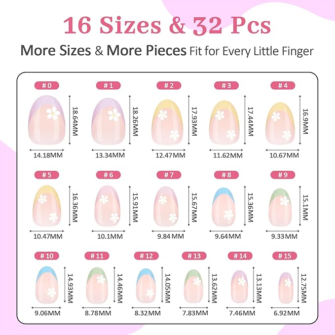 16 Sizes 128 Pieces Press on Nails for Kids, 4 pack Kids Nail Kit Colorful Flower Almond Fake Nail Tips for Girls 8-12 Years Old with Jelly Nail Adhesives & Nail Glue Birthday Easter Gifts