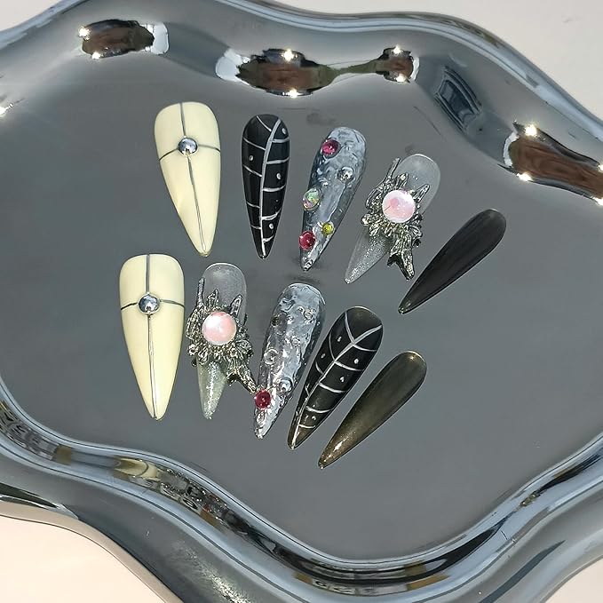 Gothic Black-Grey 3D Metallic Press on Nails Long Stiletto,Gems Chains Hand-Painted Fake Nails with Soft Gel,Halloween Party Vampire Nails,Edgy Rhinestone Y2K Nail Kit with Tools 10pcs(S)