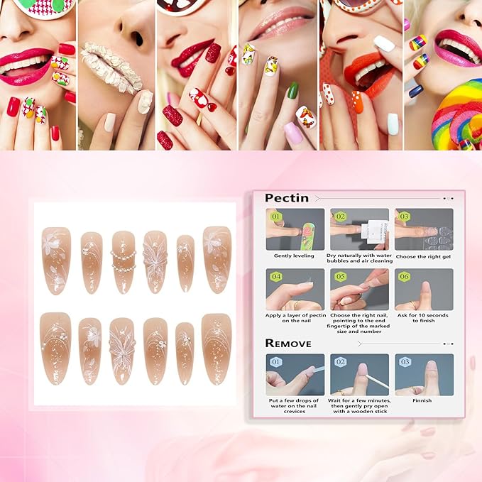 Winter 3D Butterfly Press on Nails Long Almond False Nails Press Ons Christmas White Floral Design Fake Nails Butterfly Stick on Nail Full Cover Acrylic Artificial Nails Gift for Women 24pcs