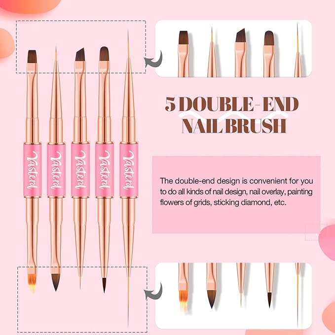 Nail Art Brushes Set 5pcs Double-Ended Nail Brushes for Nail Art with Nail Extension Gel Brush, Builder Gel Brush, Nail Art Liner Brush