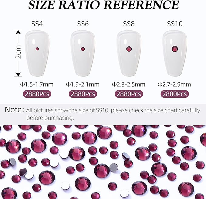 Purple Flatback Rhinestones, Glass Rhinestones for Nail Art and Craft, Glue Fix, Loose Crystal Gemstones(Purple, SS10, 2880pcs, 2.7-2.8mm)