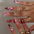 Press on Nails Long Almond Fake Nails French Tip Artificial Nail 3D Flowers Stick on Nail for Women 24pcs