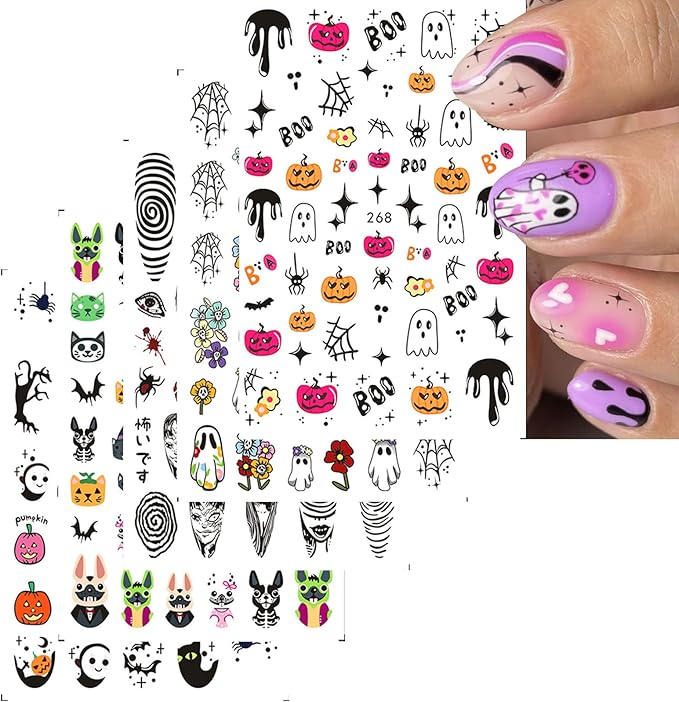 Halloween Nail Stickers for Nail Art Cute Ghost Pumpkin Bat Scary Anime 3D Self-Adhesive Nail Decals Nail Art Supplies Nails Design Manicure Stickers for Nails Decoration 6Sheets