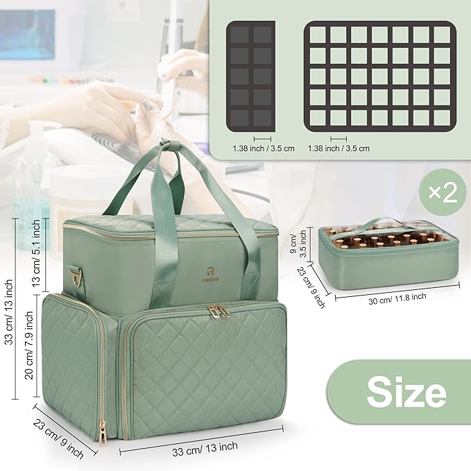 Relavel Nail Polish Organizer, Double Layer Nail Bag Holds 80-100 Bottles (15ml/0.5fl.oz) & Nail Lamp Nail Kit Storage Case, Extra Large Travel Nail Supplies Shoulder Bag for Manicure Tools (Green)