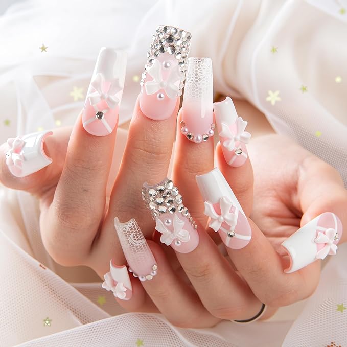 LOVFUL Short French Tip Press on Nails Ribbon Dream | Handmade Acrylic Press ons| Reusable Fake False Nails | Square Classic Regular 1.3in | H720-M