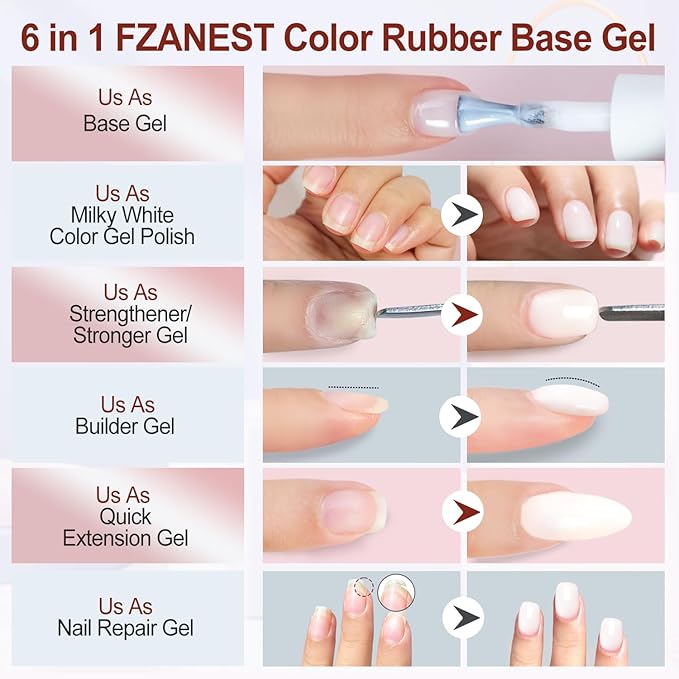 FZANEST Rubber Base Builder Gel for Nails Kit, 6pcs*7.5ml in a Bottle, Nail Strengthener Extension With Jelly Natural Nude Pink Colors, UV Soak Off Polish
