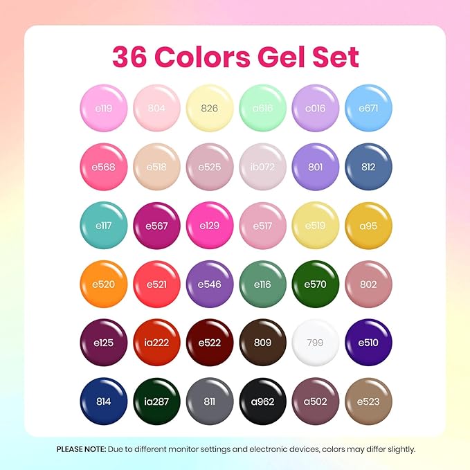Beetles 36 Colors Gel Nail Polish Set, Pastel Jelly Pink Purple White Green Gel Polish Kit with Glitter Gel Base & Top Coat Nail Tools Soak Off UV Nail Art Salon DIY at Home Manicure Gift for Women