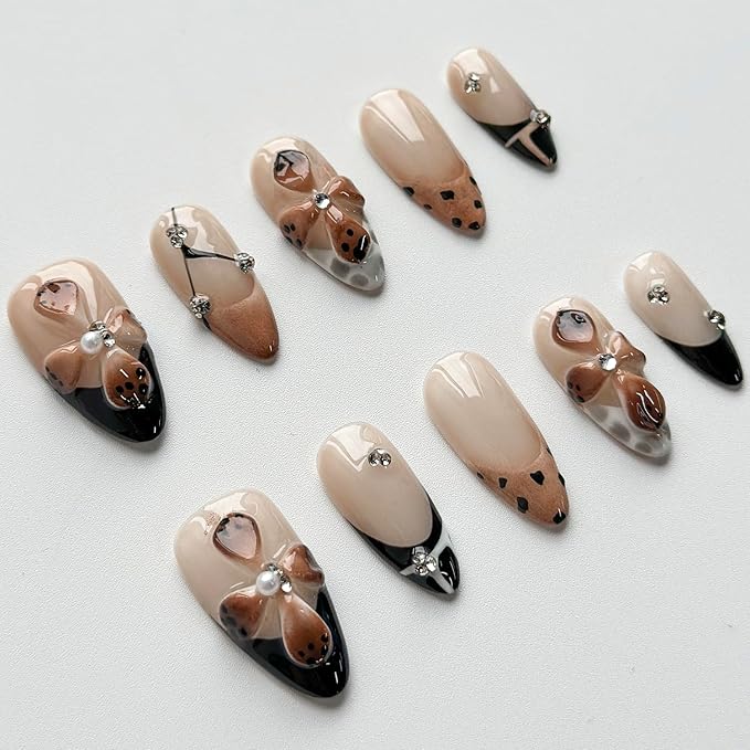 Luxury Press on Nails Short Almond Handmade 3D Unique Reusable ABS Material Fake Nails French Tip False Nails with Designs Polka Dots Flower Rhinestones Brown Glossy Glue on Nail Thick Acrylic Nail(M)