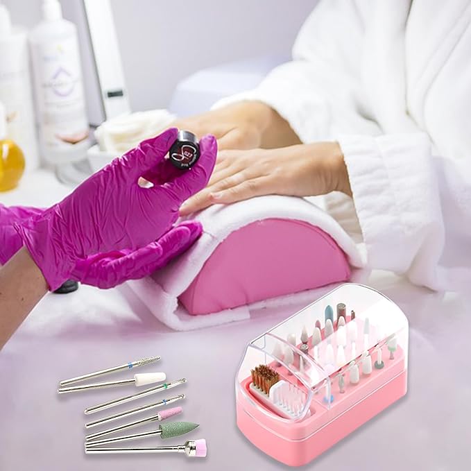 Nail Bit Holder & Nail Drill Bit Cleaner 2 in 1, 30 Holes Nail Drill Holder Organizer Nail Bit Brush Cleaner Drill Bit Holder for Nails Dustproof Stand Displayer Storage Box Tools