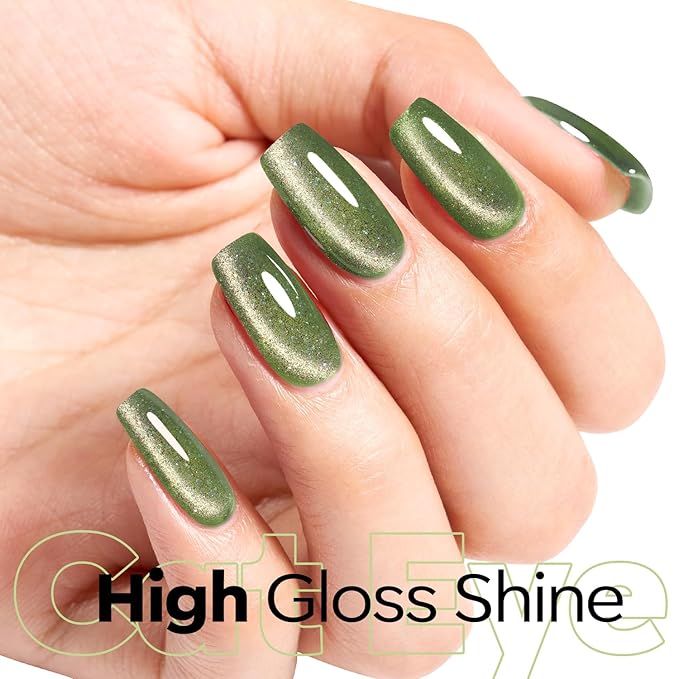 modelones Cat Eye Gel Nail Polish Glitter Green Polish with Magnet Sparkle Galaxy Series Nail Polish Soak Off Led Reflective Nail Art Gel Top Coat Manicure Salon DIY 15 ML