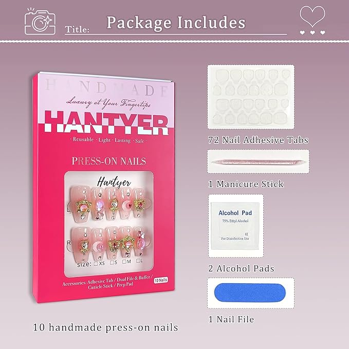 Y2K Press on Nails with Tools Kit, Medium Long Coffin Glossy Nails, Fake Nails in Pastel Pink, False Nails with 3D Moon Charms, Kawaii Style for Anime Parties & Special Events(Size S)